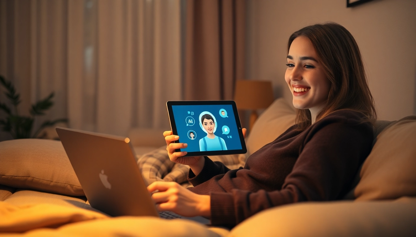 Engaging in ai porn chat on a tablet in a cozy, warm-lit home setting.