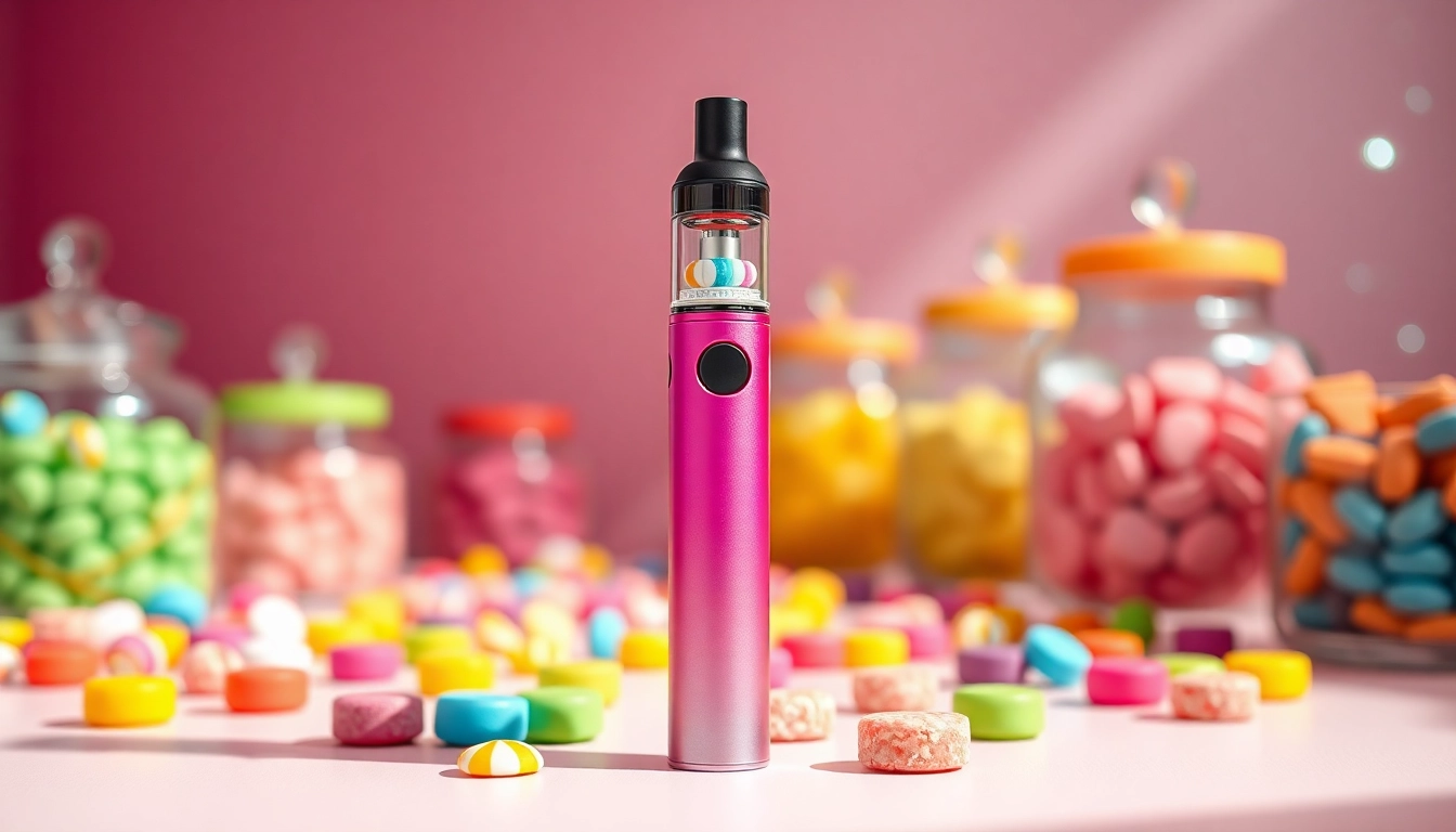 Experience the vibrant candy vape pen with colorful candies, showcasing its playful essence.