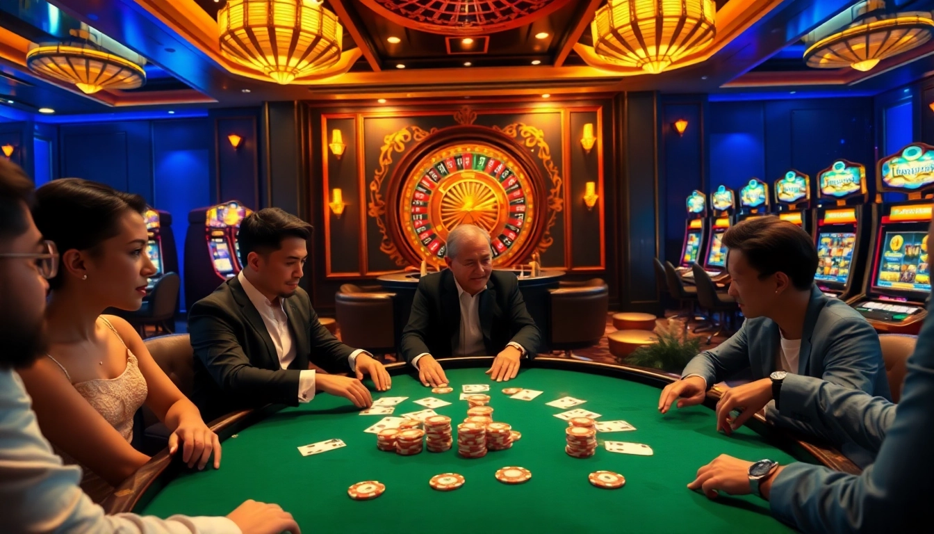 Topvin players enjoying an exciting casino atmosphere with poker chips and a roulette wheel.