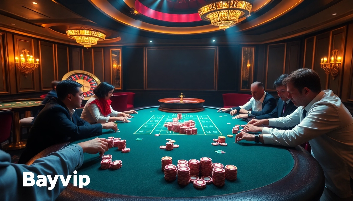 Bayvip players enjoying an exciting game at a luxurious poker table with vibrant chips and cards.