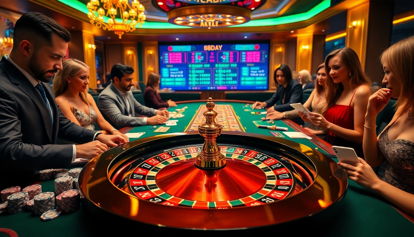 Casino players enjoying a vibrant atmosphere at the 8day luxury gaming table with roulette.