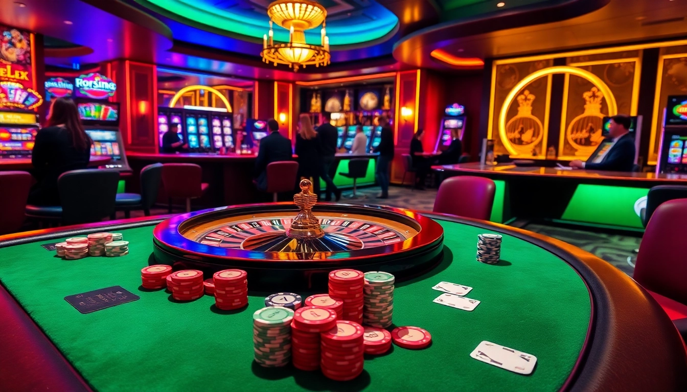 Players celebrating their wins at an mb66 casino table with exciting games and vibrant lights.